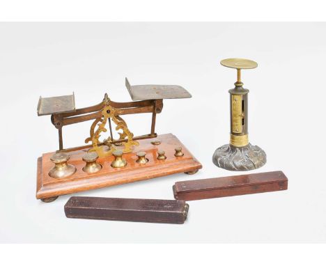 Postal Scales, candlestick letter scales and a Georgian Guinea scales, folding (4)