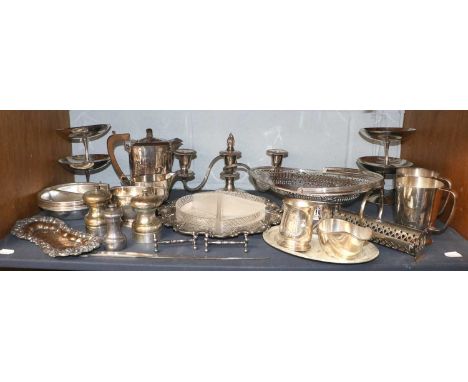 A Quantity of Assorted Silver Plate, to include,a pierced ovoid basket with swing handle, hot water jug, sugar and milk jug, 