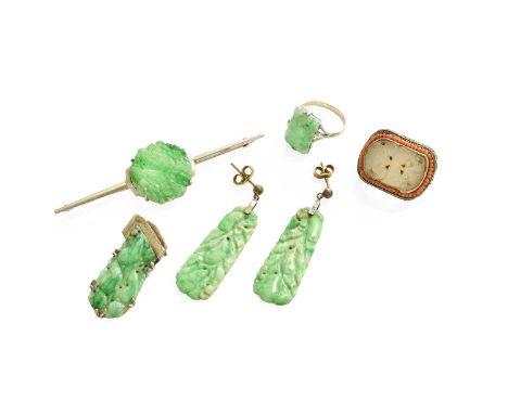 A Quantity of Jade Jewellery, comprising of a pair of drop earrings, with post fittings, drop length 4.4cm; a clip, length 3.