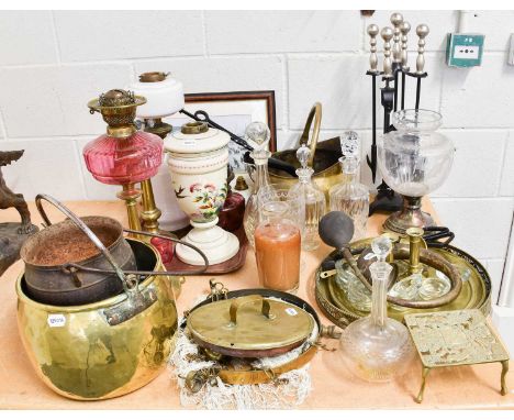 Various Oil Lamps, Copper and Brasswares, cooking pots, car horn, light fitting, cranberry oil lamp; together with a glass hu