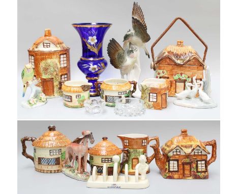 Beswick and Other Cottage Teawares, together with a Royal Doulton Budgeriar figure, a Nao duck group, Staffordshire figure of