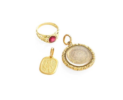 A St Christopher Pendant, stamped '375'; A Synthetic Ruby Ring, finger size O; and A Hairwork Mourning Locket, measures 4.0cm