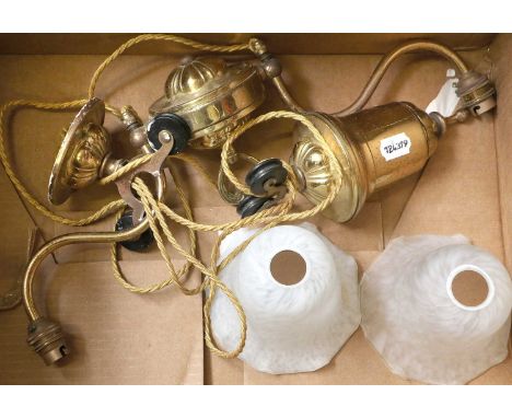 Brass Rise and Fall Ceiling Light, with two marble glass shades