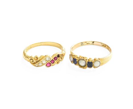 A 15 Carat Gold Sapphire and Split Pearl Five Stone Ring, finger size N; and An 18 Carat Gold Ruby and Diamond Ring, finger s