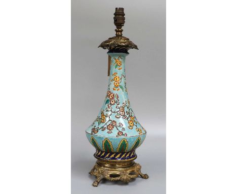 A French Faience and Gilt Metal Lamp, 49cm highLamp needs wiring, otherwise ok.