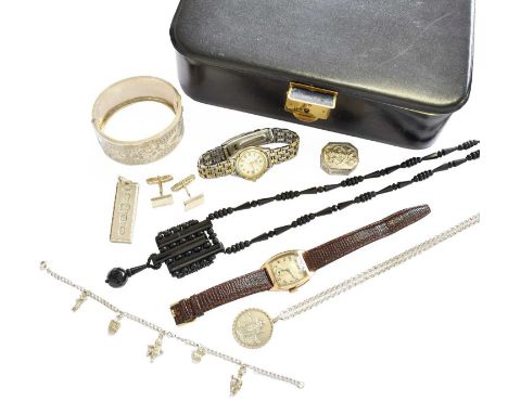 A Quantity of Jewellery and Miscellaneous Items, including a French jet necklace; a silver ingot; a bangle; a pair of cufflin