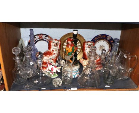 A Quantity of Various Cut Glass Decanters, Staffordshire dogs, a Bretby Jester table lamp, Aynsley plate etcStaffordshire Dog