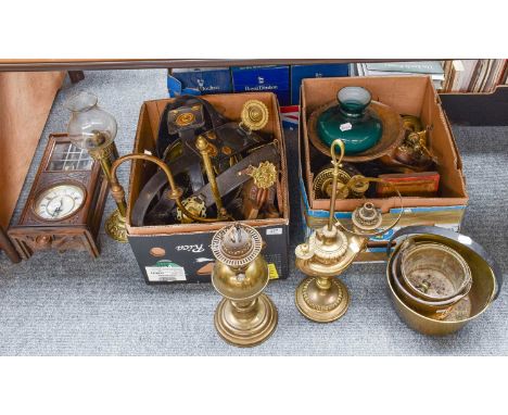Various Metalwares, including, spark guard, fire tools, jam pans, oil lamps, candlesticks, horse brasses, etc., together with