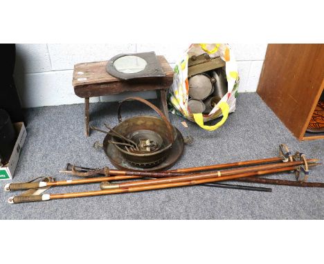 A Group of 18th Century and Later Metalwares including pewter, brass and copper, a provincial joint stool, vintage ski poles,