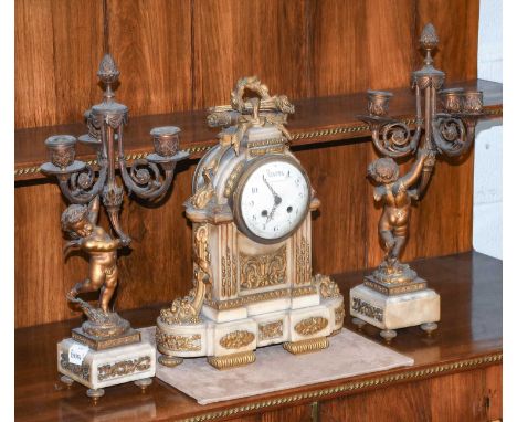 A French Ormalu and White Marble Sticking Mantel Clock Garniture, circa 1890, enamel dial indistinctively signed, twin barrel