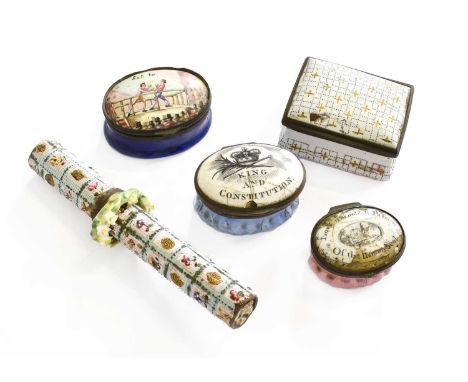 Three 18th century Enamel Patch Pots (a/f), with two other items