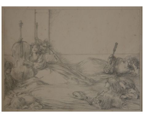 CHARLES HASLEWOOD SHANNON, RA, (1863-1937, BRITISH)"With Viol and Flute" black and white lithograph 6 1/2 x 9 ins, mounted bu
