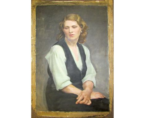 John Frye Bourne. S.G.A. (1912-1991, BRITISH) Half-length portrait of a seated lady oil on canvas (unstretched) 30 x 20 ins  