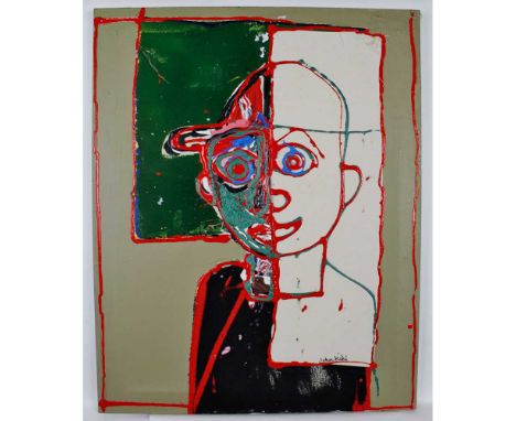 * JOHN KIKI (BORN 1943, BRITISH) Portrait of young boy in a cap oil and mixed media on canvas, signed lower right 30 x 24 ins
