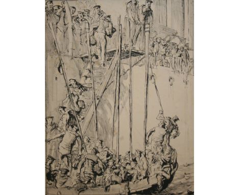 * FRANK BRANGWYN, RA (1867-1956, BRITISH) "Going Abroad" black and white lithograph - taken from the Great War Series 18 x 14