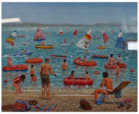 * R WARNER (20TH CENTURY, BRITISH) Busy beach scene with figures, dinghies, surf boards etc watercolour, signed and dated 82 