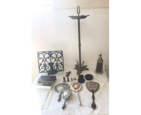 Selection of miscellaneous items included tall brass ashtray, vintage part brush set, the monarch fishing reel etc 