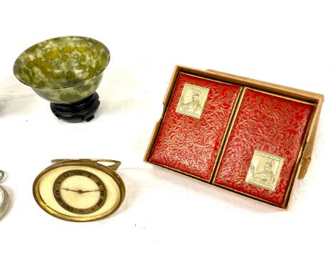 Selection of collectables to include pair matching bowls on stands, boxed set of playing cards MG, silver plated pocket watch