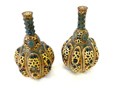 Pair of reticulated early Zsolnay vases Age related ware to both vases, chips to bases  