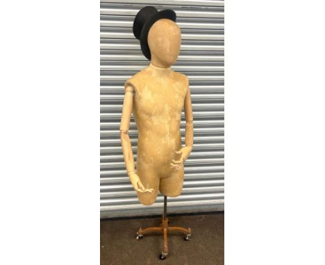 Vintage wooden and fabric mannequin  on metal base with top hat, overall height 64 inches 