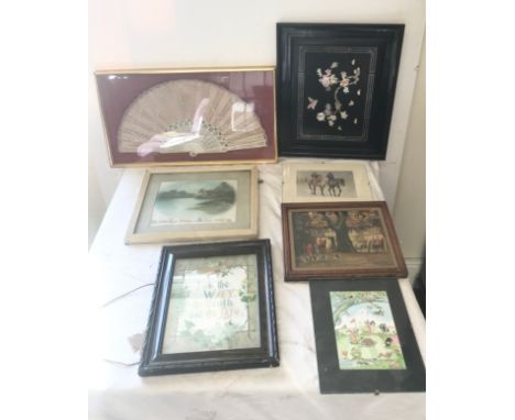 Large selection of framed pictures, vintage framed fan etc 