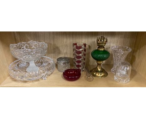 Selection of glassware, to include coloured glass, oil lamp etc 