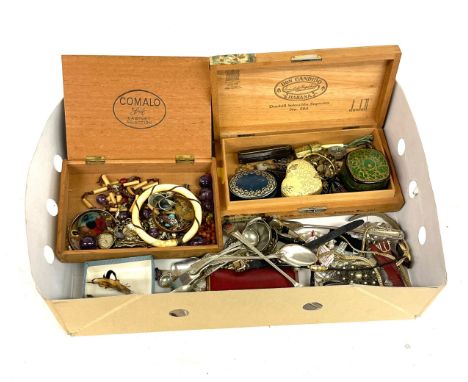 Box of Victorian and later costume jewellery including guard chain, seed pearls with gold clasp, jet etc 