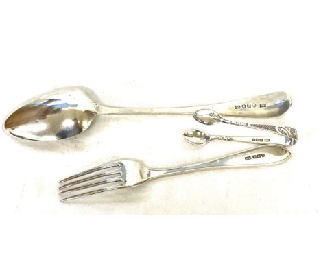Selection of hallmarked silver pieces to include spoon, fork and tongs, approximate weight 117g 
