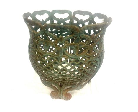 Vintage cast iron jardiniere measures approx 12" tall 12" diameter 