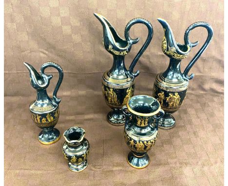 2, vintage hand made in Greece 24k Gold black vase , 3 other pieces, (2 are damaged) please view images 