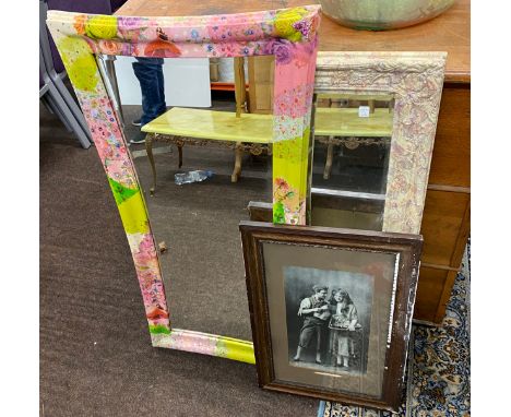 2 Decorative wall hanging mirrors, approximate measurements: 37 inches by 29 inches, framed vintage print 