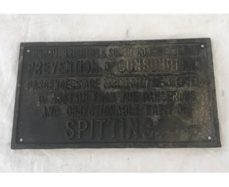 Vintage London, Brighton and south coast rail way sign, "preventions and consumptions" measures approx 12" wide 6.5" tall 