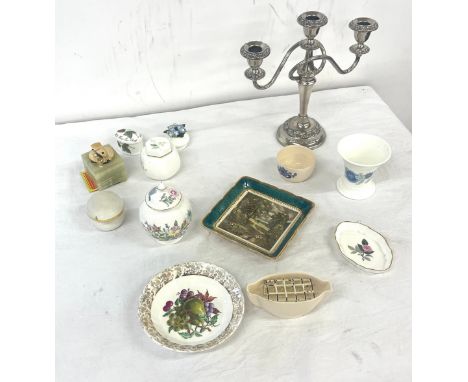 Selection named pottery to include ROyal Adderley, Wedgwood, silver palted candlestick, Ronson Onyx marble lighter, John Cons