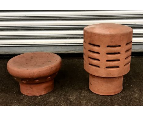 Vintage terracotta chimney tops, approximate measurement of each: Height 7 inches, diameter 11 inches, the larger top height 