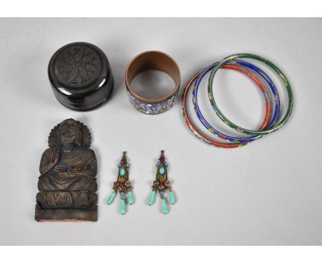 A Collection of Vintage Enamelled Bangles, Napkin Ring, Carved Wooden Buddha etc 