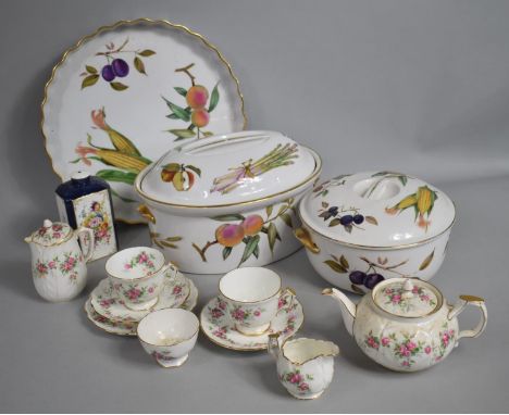 Three Pieces of Royal Worcester Oven To Table Dinnerwares, Flan Dish and Two Lidded Tureens, Rose Decorated Tea For Two and a