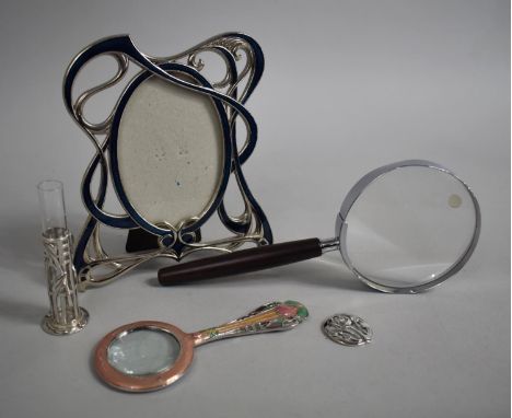 A Collection of Sundries to include two magnifying Glasses, Easel Back Art Nouveau Style Enamelled Photo Frame Etc 