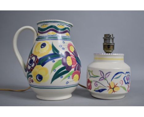 A Poole Water Jug and Table Lamp Base in Usual Coloured Enamels 