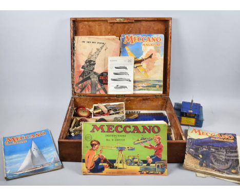 A Vintage Wooden Box Containing 1930s Meccano, Magazines, Trix Engineering Manual, Clockwork Motor Etc 