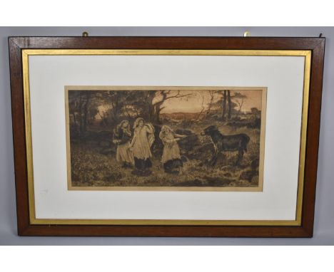 A Late 19th Century Oak Framed Etching by Robert Walker Macbeth, Girls with Recalcitrant Donkey, Signed to Border, Published 