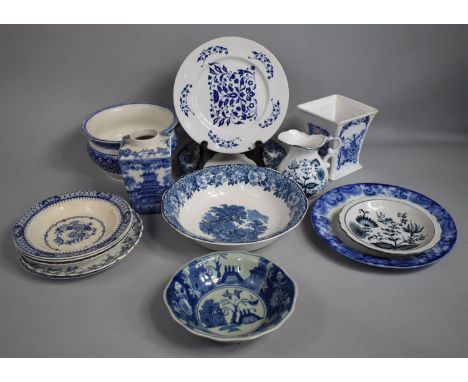 A Collection of Various Blue and White Transfer Printed Items to include Thomas and Evans Tea Caddy (No Lid) Plates, Jug Etc 