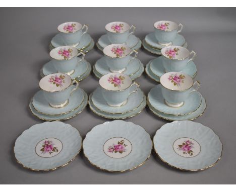 An Aynesley Gilt White and Pale Crocus Blue Pattern Tea Set with Rose Decoration to comprise Nine Cups, Ten Saucers and Twelv