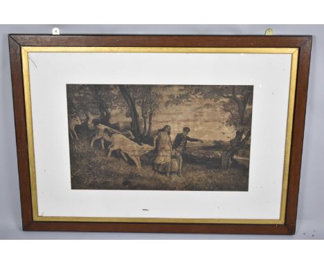 An Oak Framed Etching Depicting Milk Maid with Calves Carrying Churn with Boy, 67x40cms 