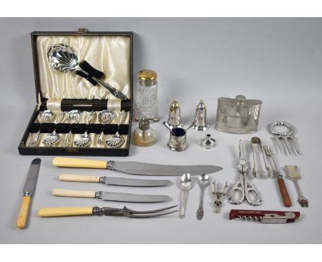 A Collection of Various Cutlery, Atomiser, Cruet Set, Hip Flask, Cork Screw Etc 