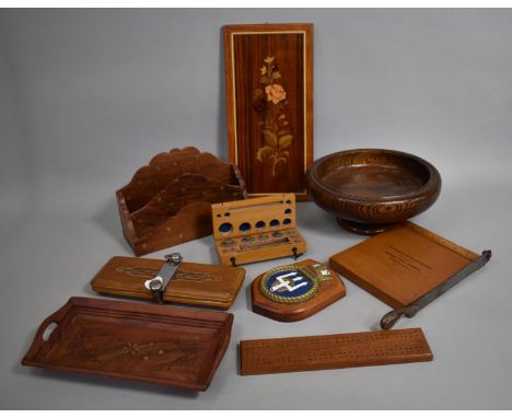 A Collection of Treen Items to Include Wooden Fruit Bowl, Inlaid Italian Panel, Small Tie Press, Cribbage Board, Guillotine e