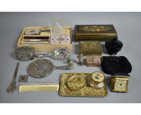 An Italian Inlaid Musical Jewellery Box, Dressing Table Caskets and Boxes, Owl Glass Paperweight, Travel Alarm Clock Etc 