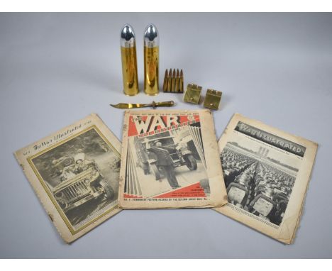 A Collection of Trench Art Objects, Pair of Brass Shell Cases Dated 1915, Spent Bullets and War Illustrated Magazines 