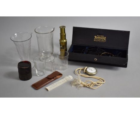 A Collection of Scientific Sundries to include Brass Field Microscope, Brass Flask, miniature Slide Rule, Vintage Hearing Aid