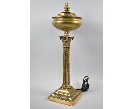 A Late 19th Century Brass Oil Lamp Base, Now Converted to Table Lamp with Reeded Corinthian Column and Acanthus Top and Stepp