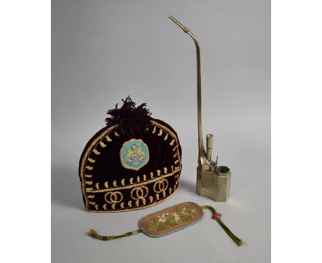 A Red Velvet Tea Cosy with Armorial Design, Large Chinese Opium Pipe Etc 